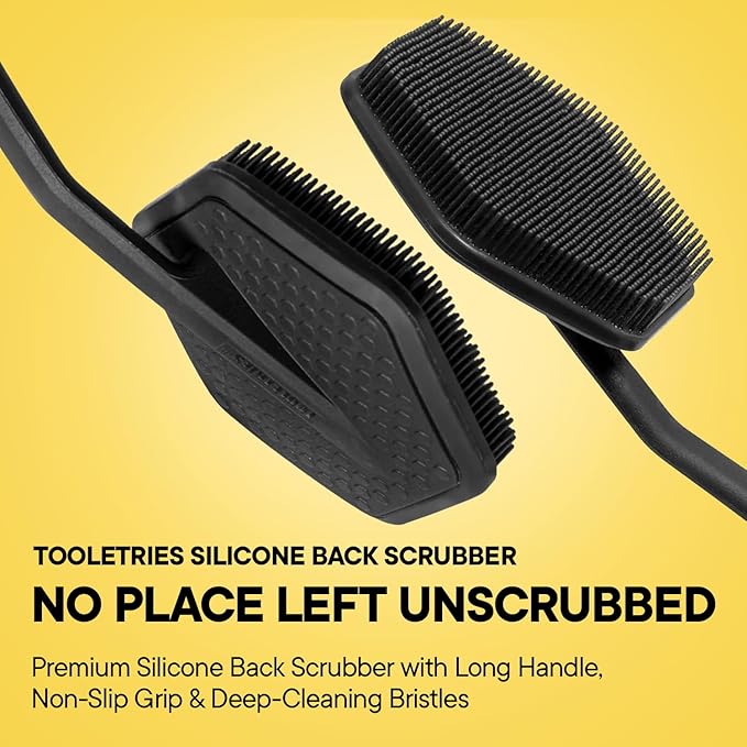TOOLETRIES Silicone Back Scrubber for Shower Exfoliating Back Brush for Men with Long Handle, Non Slip Grip Body Washer to Clean Hard to Reach Areas, Durable Bath Accessory - Charcoal