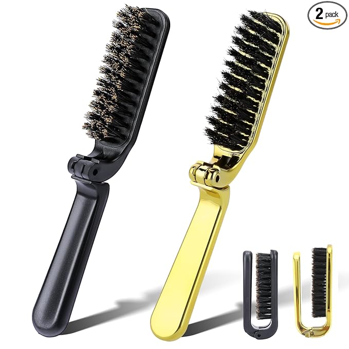 Foldable Boar Bristle Hair Brush, 2 Pcs Travel Folding Collapsable Pocket Size Brush for Women, Anti-Static Range Styling Tool Mini Beard Brush for Men (Black & Gold)