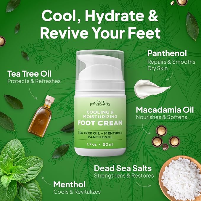 Pumice Valley Foot Cream for Dry Cracked Feet and Heels - Natural Moisturizer, Corn, Calluses Treatment - Skin, Body Lotion, Panthenol, Tea Tree Oil, Menthol 1.7 Oz