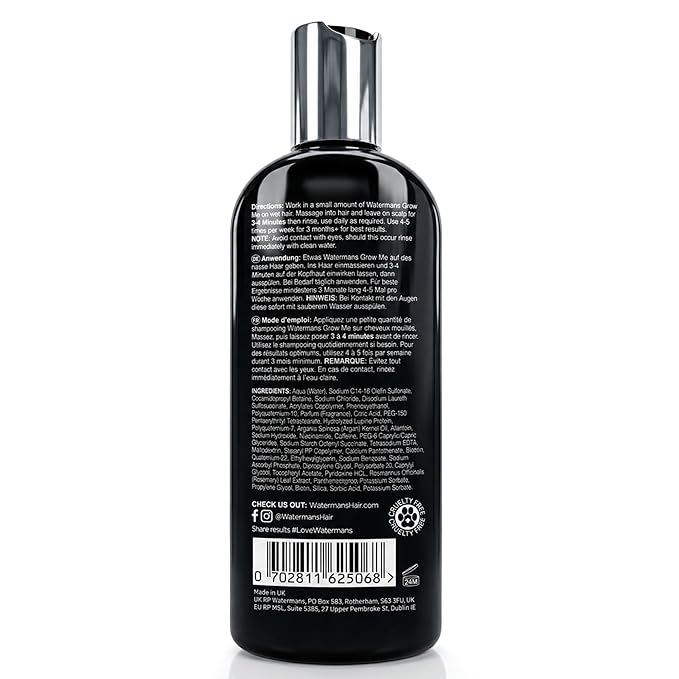 Watermans Grow Me Organic Hair Growth Shampoo for Men & Women – Strengthening & Moisturizing with Biotin, Rosemary, Caffeine & Argan Oil for Fuller, Thicker-Looking Hair (8.45 fl oz)
