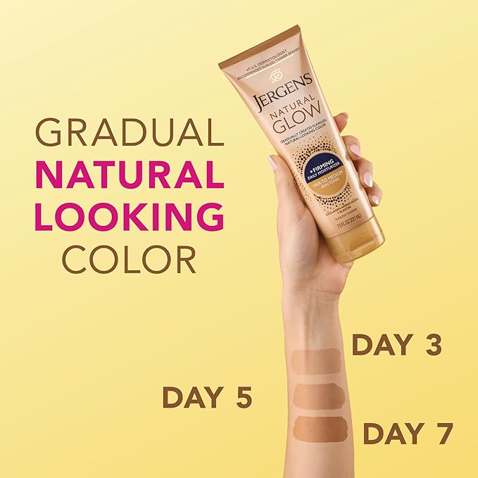 Jergens Natural Glow +Firming Self Tanner Body Lotion, Fair to Medium Skin Tone, Sunless Tanning Moisturizer with Collagen and Elastin. Helps to Visibly Reduce Cellulite, 7.5 Fl Oz (Pack of 4)