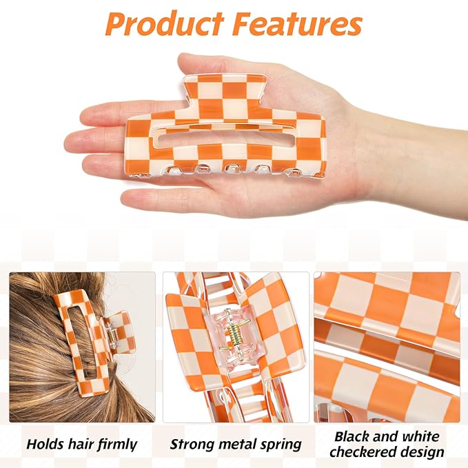 4Pcs Checkered Hair Claw Clips, Non-Slip Hair Jaw Clips for Thick, Thin, Curly, Straight, Long Hair, Simple Style Orange and White Square Claw Clips, Women's Hair Accessories