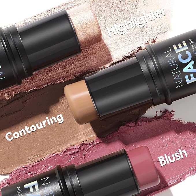 3 Pcs Face Contour Sticks Set - Shades with Highlighter & Blush Sculpted Complexion Wand - Long Lasting Natural Buildable Highlighters & Contouring Bronzer (02, 03, 04)