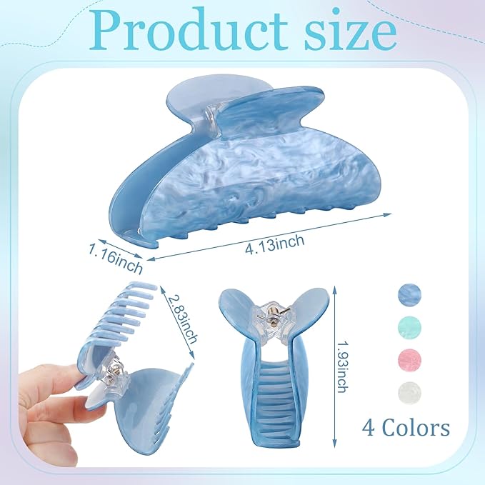 4.2 Inch Large Acrylic Claw Clips, Cute Pink Blue Green White Hair Claw Strong Hold Hair Clips Barrettes for Thick Thin Hair, 4 Pack Stylish French Hair Accessories for Women Girls