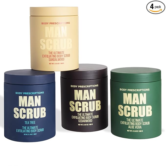 Body Prescriptions Men’s Exfoliating Body Scrub – Ultimate Skin Cleansing Wash in Jar with Twist-Top Lid, For All Skin Types, 21 Ounce (Pack of 4), Combo Pack