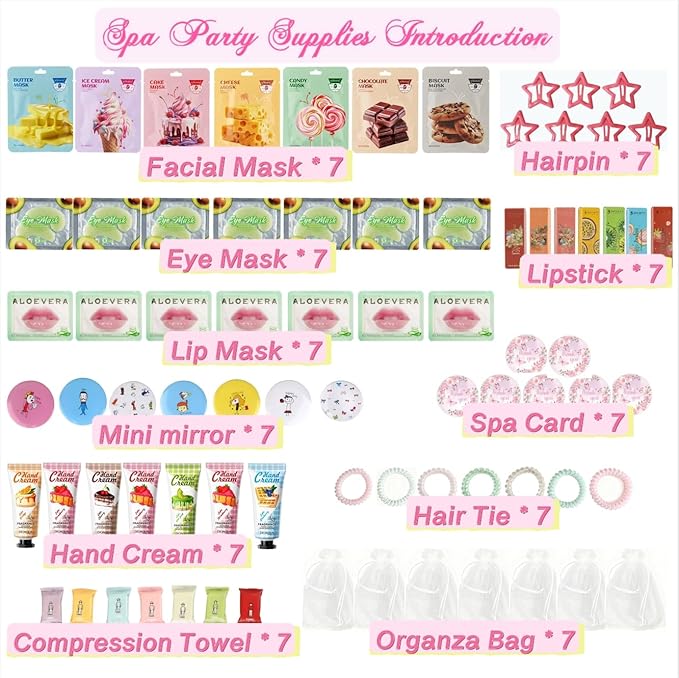 77PCS Spa Party Supplies for Girls, Spa Party Favors Include Facial Masks,Under Eye Patches, Lip Balm, Hair Rings, Makeup Mirrors, Hand Cream, Compressed Towel, for Teen Girls, Sleepover Party gifts