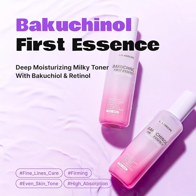 LALARECIPE Bakuchinol First Essence, Bakuchiol + Retinol Milky Toner with Peptides & Niacinamide, Fine Lines, Texture & Dark Spot Care, Korean Skincare for All Skin Types (5.24 Fl Oz / 155ml)