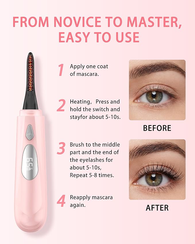 Heated Eyelash Curler for Women - 10s Fast Heating, 4 Adjustable Temp (131℉ - 185℉), LED Display, 24H Long-Lasting Curling Eye Lash Curler, Ergonomic Design, Travel-Friendly Makeup Tool Gift, Pink
