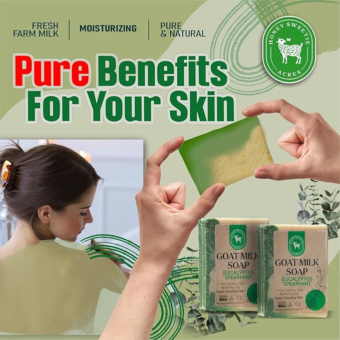 Honey Sweetie Acres 2-Pack Eucalyptus Spearmint Goat Milk Soap - Handmade 5 oz Bar, Made with Natural Ingredients, Moisturizing & Gentle, Made in the USA