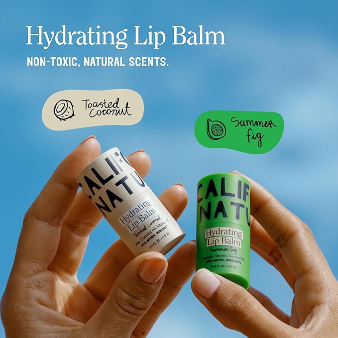 California Naturals Hydrating Lip Balm Duo for Dry Chapped Lips, Petroleum Free, Natural, Cruelty Free, 100% Naturally Derived, Toasted Coconut and Summer Fig, 0.28 oz Each
