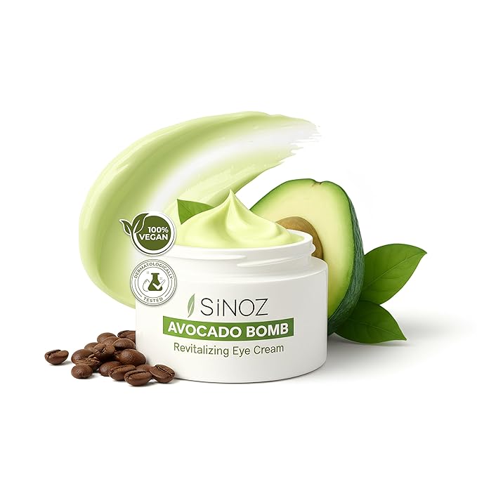 sinoz Hydrating Eye Cream with Avocado Oil, Caffeine & Peptides, 15 ml - Avocado Eye Cream, Dark Circles Eye Cream for Puffiness & Dry Under Eyes, Day and Night Skincare for Women