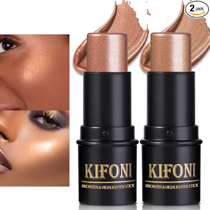 2Pcs Highlighter Stick Cream Contour Stick Makeup Kit, Shimmer Highlighter and Bronzer Stick Contour Wand, Water-proof Long Lasting Smooth Face Brightens & Shades Contouring Stick Illuminator