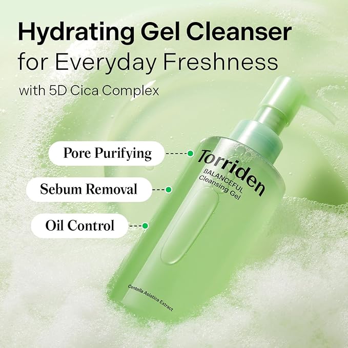 Torriden BALANCEFUL Cleansing Gel 200ml (6.76 fl. oz.) | Low pH Cleanser | Gentle Facial Cleanser that Soothes, Calms, and Hydrates | 5 types of Centella Asiatica Extracts