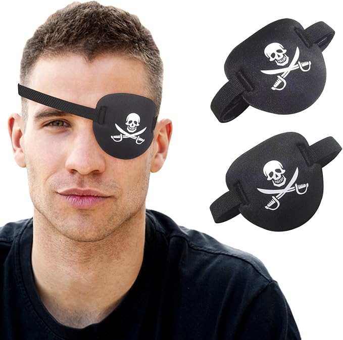 2 pcs Pirate Eye Patch,3D Black Eye Patches for Adults and Kids,Medical Eye Patch for Left or Right Eye,Adjustable Eyepatch for Lazy Eye,Skull Crossbone Halloween Costume