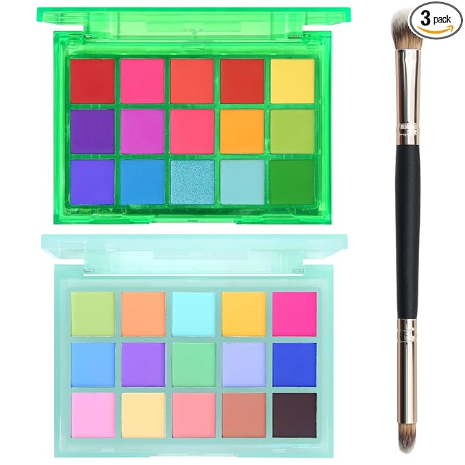 UCANBE Colorful Eyeshadow Palette Makeup Set, 2pcs 15 Shades Matte Shimmer Vibrant Neon Rainbow Pastel Eye Shadow Pallet with Soft Double Ended Brush, Summer Vibe Pigmented Blendable Eye Make Up Kit