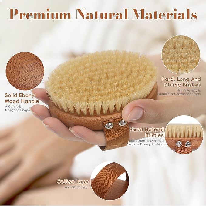 DEBETOOL Dry Brushing Body Brush - Natural Boar Bristle Dry Body Brush for Lymphatic Drainage, Cellulite, Blood（Medium Hardness）