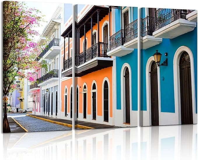 3 Piece Canvas Wall Art Prints Picture colorful house facades old san juan puerto rico colorful island Framed Wall Painting Modern Artwork Poster Home Decor for Living Room Office Ready to Hang