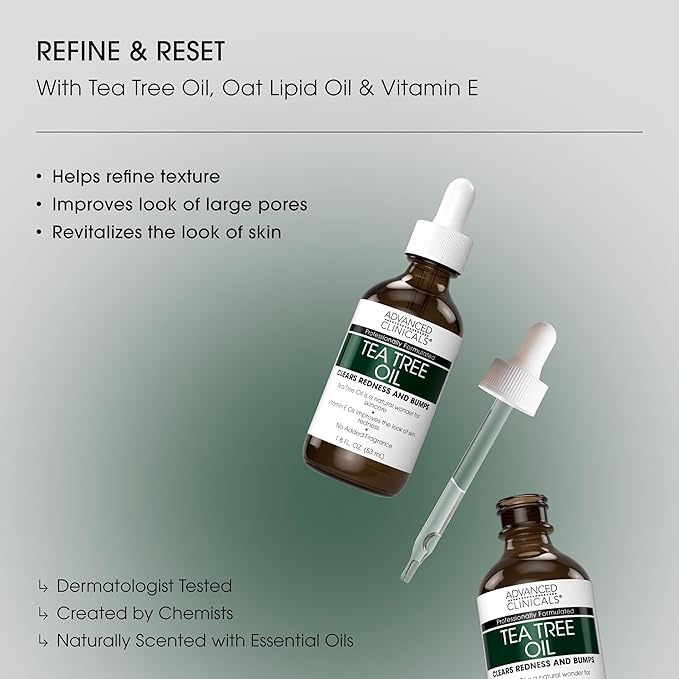 Advanced Clinicals Tea Tree Oil For Skin Facial Serum | Tea Tree Serum For Face With Vitamin E + Botanicals To Help Improve Appearance Of Large Pores & Skintone For Smoother Looking Skin, 2-Pack