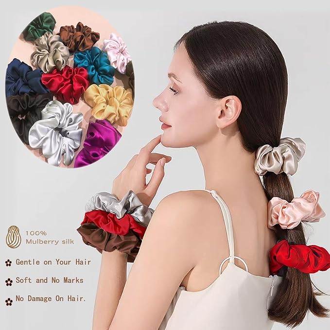 100% Pure Mulberry Silk Hair Scrunchies, 16 Momme Silk Scrunchies, Silk Hair Ties for Women Girls Curly Thick Thin Hair, Set of 4, 13 Pink & Brown