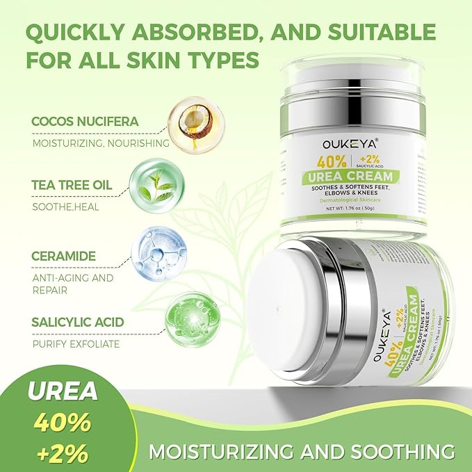 OUKEYA 40 Percent Urea Foot Cream,with Salicylic Acid,Tea Tree Oi & Ceramides,Cracked Heel Smooth | Dry Skin Exfoliator | Nourishes | For Foot,Hands, Elbows, Knees