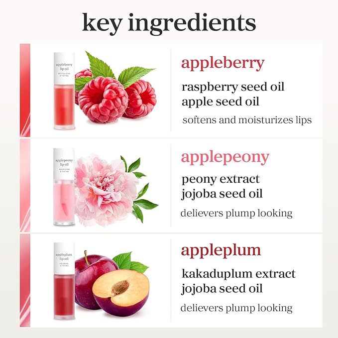 NOONI Korean Lip Oil Set - Appleberry, Applepeony & Appleplum - Long-Lasting, Moisturizing, Revitalizing - Waterproof, No Peel Off, Stocking Stuffers (3EA, 0.12 fl oz)