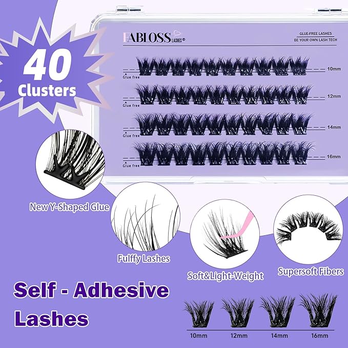 Fabloss Self Adhesive Eyelashes Clusters 40Pcs-Thick Volume Lashes Press On Lashes Self Adhesive Lashes Pre-Glued Lashes Clusters Kit No Remover No Residue 14-16MM