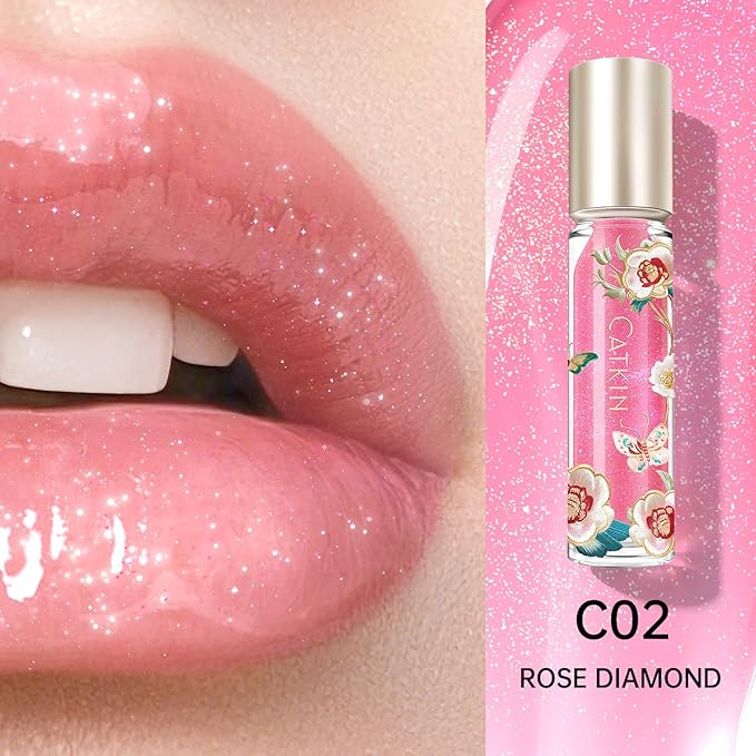 Catkin Lip Plumper Gloss, Tinted Lip Serum with Hyaluronic Acid & Jojoba Oil, Non-sticky Volumizing Hydrating Formula for a High Shine Maximum 3D Look, Plump & Soft Lips 0.12 Fl Oz - C02 Rose Diamond