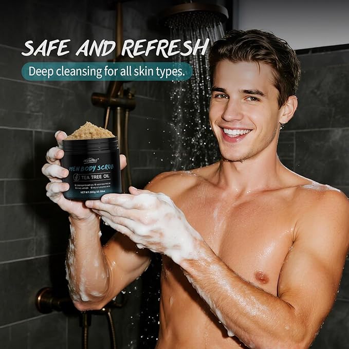Men Body Scrub with Tea Tree Oil Exfoliating Body Scrub for Men Improve Odor Smooth Rough Skin Body Exfoliator Scrub for Back Chest Shoulders Butt Legs Mens Exfoliating Body Wash with 2% BHA 10% AHA