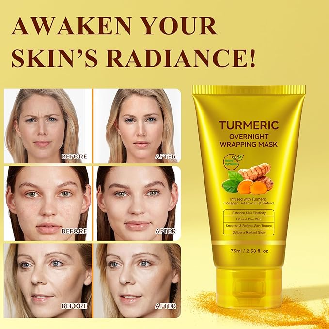 Turmeric Vitamin C Collagen Overnight Wrapping Peel Off Mask with Retinol for A Clear, Dewy, Radiant Complexion Against Roughed & Stressed & Saggy Skin, Anti-Aging/Wrinkles/Fine Lines, 2.53 Oz/75 ML
