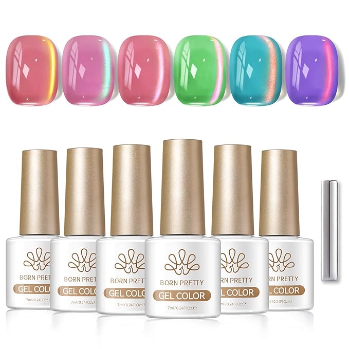 Born Pretty Spring Cat Magnetic Eye Gel Polish Set,6 Colors Pink Green Purple Crystal Jelly Shimmer Holographic Spring Summer Gel Nail Polish Kit with Magnet,DIY Manicure at Home