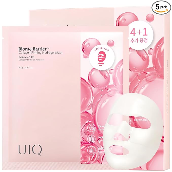 UIQ Biome Barrier Collagen Firming Hydrogel Mask, Skin Microbiome-Powered Face Mask, Radiance-Boosting Hydrogel Mask for Deep Hydration, Elasticity & Cooling Care, Korean Skin Care,1.41oz(40g) x 5ea