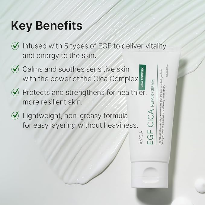 AVCA EGF Cica Repair Cream 100 mL (3.38 fl oz) – Fragrance-Free Moisturizer for Sensitive Skin with Centella & Aloe, Fast-Absorbing, Dermatologist-Tested, K-Beauty