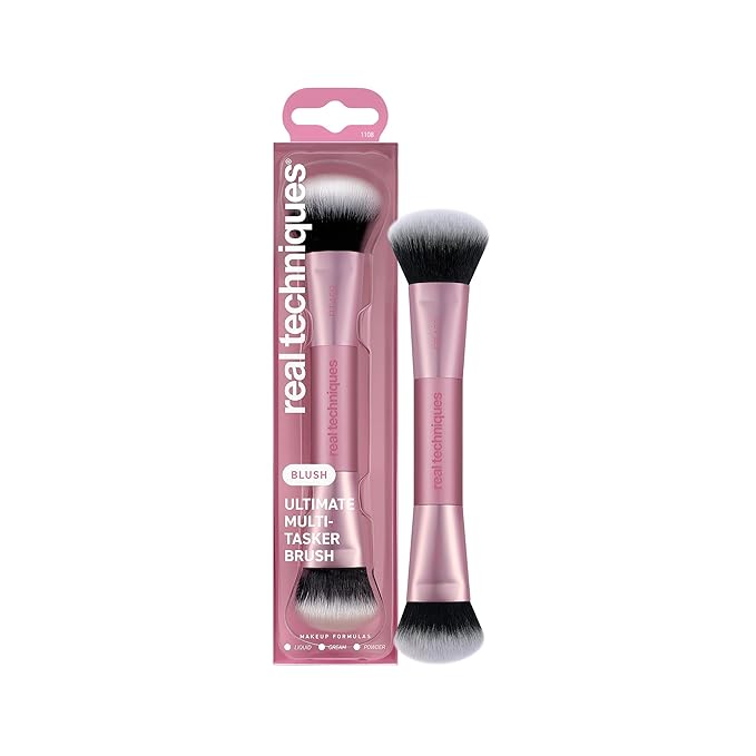 Real Techniques Ultimate Multi Tasker Brush, Dual-Ended Makeup Brush for Foundation, Blush Bronzer & Powder, Precision Sculpting & Blending, UltraPlush Bristles, Cruelty-Free, 1 Count