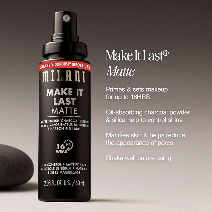 Milani Setting Spray + Primer, Make It Last Matte- Oil Absorbing Charcoal Formula to Control Shine, Matte Finish Setting Spray for Makeup and Primer for Oily Skin, Prime +Correct + Set - 2 Pack