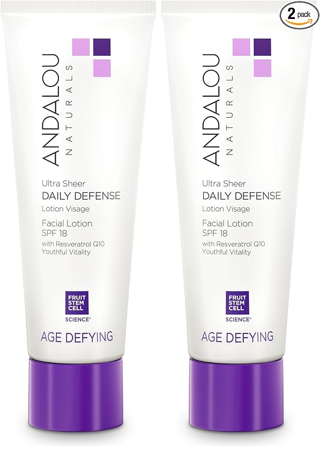 Andalou Naturals Age Defying Ultra Sheer Daily Defense Facial Lotion SPF 18 - Lightweight Sunscreen Moisturizer for Face - With Resveratrol CoQ10 - For All Skin Types - 2.7 oz,(Pack of 2)