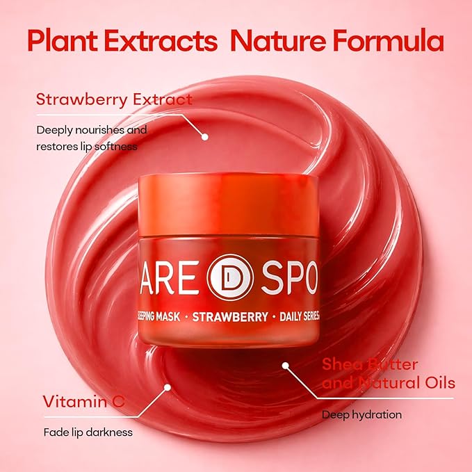 SPODARE Strawberry Sleeping Lip Mask 20g - Overnight Lip Treatment, Lip Care Hydration, Repair for Dry Cracked Lips, Soft and Nourished Lips, Birthday Gifts for Women & Teens