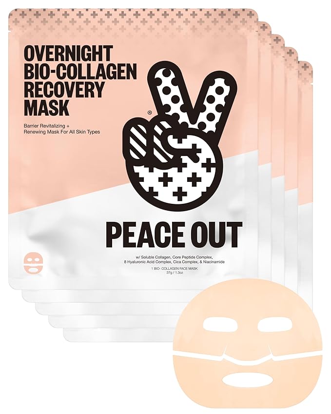 PEACE OUT Overnight Bio-Collagen Recovery Mask, Overnight Sheet Mask with Vegan Collagen, Hyaluronic Acid, and Core Peptide Complex for Skin Revitalizing Hydration (5 Count)