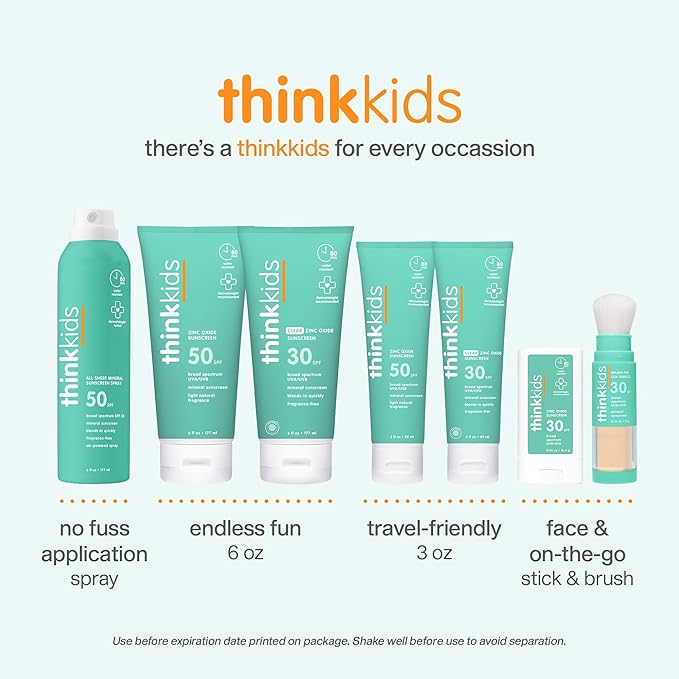 Thinkkids Safe Mineral Sunscreen SPF 50+, 3 Fl Oz, Natural, Water Resistant Reef Safe Sunscreen for Children, Broad Spectrum UVA/UVB Sun Screen