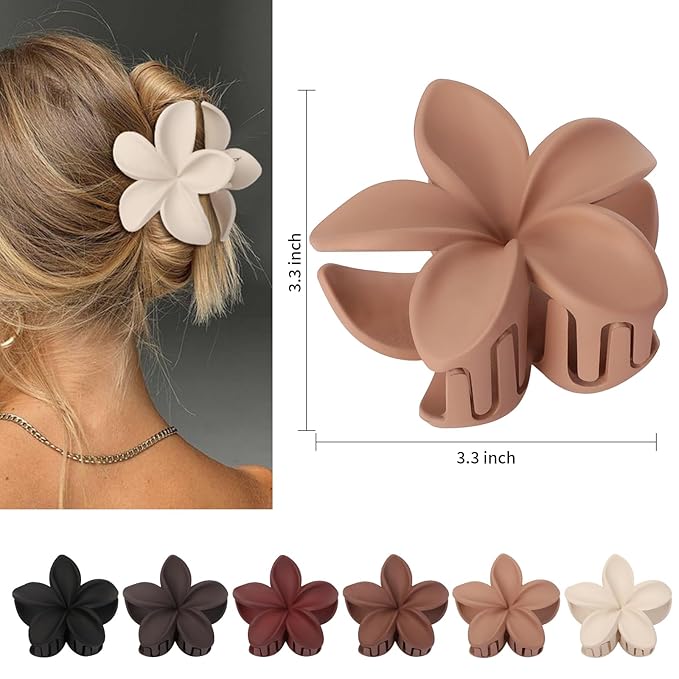CHANDAT Flower Hair Clips 6 PCS Hawaiian Claw Clips for Vacation Hibiscus Hair Claw Cute Large Hair Clips for Thick and Thin Hair Plumeria Hair Accessories for Women Girls -Brown Scarlet