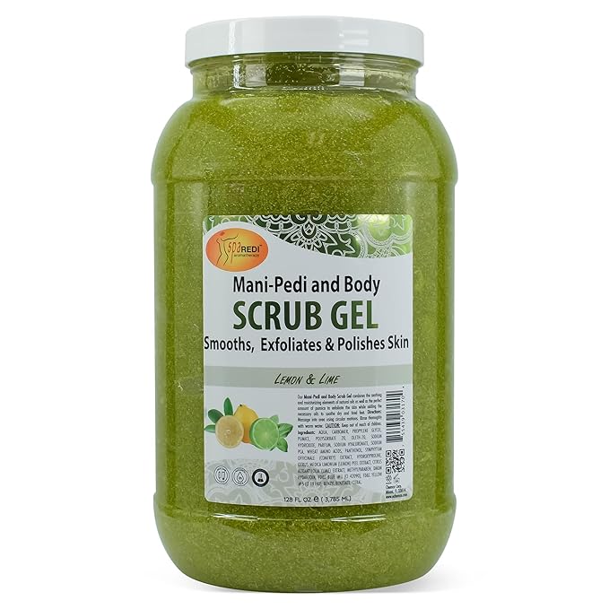 SPA REDI – Lemon & Lime Pumice Scrub Gel, Exfoliating, Hydrating & Nourishing, Infused with Hyaluronic Acid, Amino Acids, Panthenol and Comfrey Extract for Glowy Smooth Skin – 128oz Gallon
