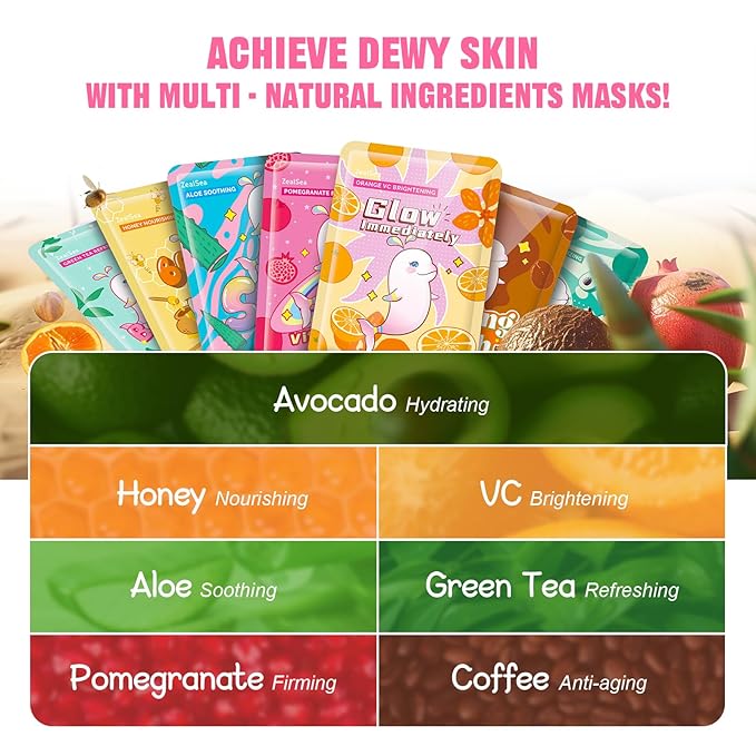 ZealSea Face Masks Skincare for Women, Variety Bulk Facial Sheet Mask Set for Deep Hydrating & Glow, Daily Self-Care Gift & Family Moment for Teens Girls Birthday Party,Safe for all Skin types 14 Pack