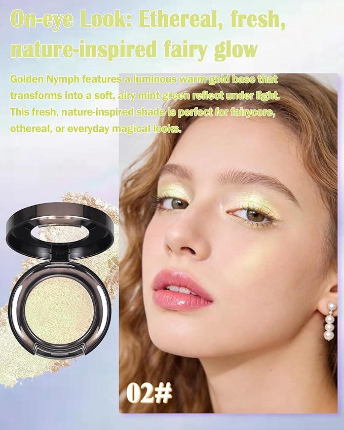 Chameleon Duochrome Glitter Eyeshadow Palette, Holographic Shimmer Single Eye Shadow Palettes, Color Shift Sparkle Iridescent, Multichrome Metallic Eye Brightener Highlighter Makeup-02 Golden Nymph