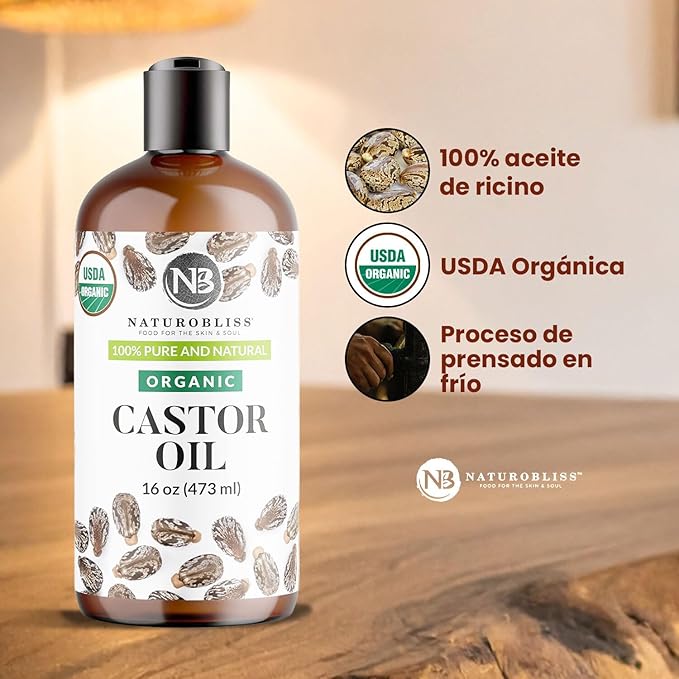 NaturoBliss Organic Castor Oil 16 oz – 100% Pure, Expeller-Pressed, Hexane-Free – Value Size Beauty Oil for Hair, Eyelashes, Eyebrows, Skin & Scalp, with Beauty Starter Kit – USDA Organic, GCMS Tested