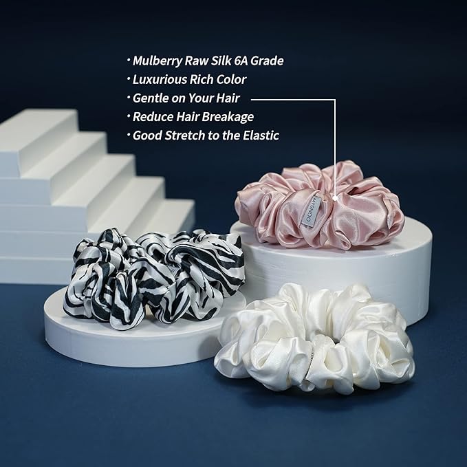 MTSNOO Silk Scrunchies for Sleep, 100% Pure 22 Momme Mulberry Silk Scrunchies for Curly Hair with Elastic Band, 3 Pack, Pink White Zebra