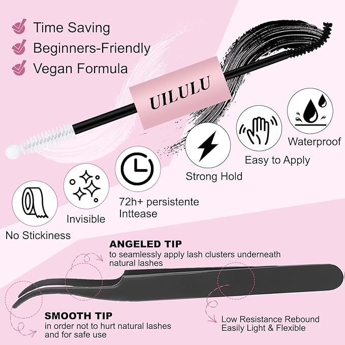 UILULU DIY Lash Extension Kit 168 Count Individual Lash Clusters D Curl Clusters Lashes, Lashes Kit with Lash Bond & Seal, Lash Remover, Lash Tweezers, and Lash Brush D Curl-0.07-8-18MM (U03 Lash Kit)