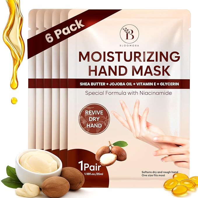 Repairing Hand Mask for Dry Cracked Hands, Hand Masks with Shea Butter, Jojoba Oil & Vitamin E, Moisturizing Gloves, Skin Care Gifts for Women & Men, Self Care Gifts for Women (6 Pairs) - PAC2