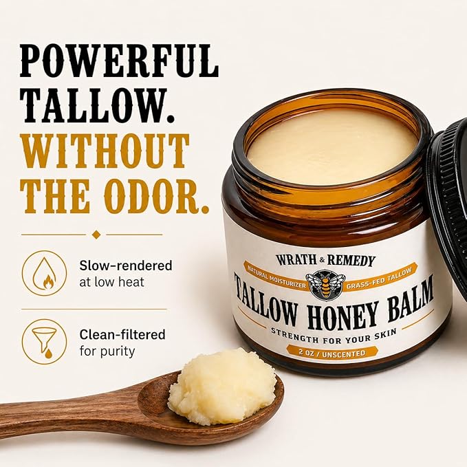 Organic Beef Tallow for Skin - 2OZ (Unscented, Concentrated) — US-Made Grass Fed Tallow and Honey Balm Moisturizer for Face, Hands & Body — Intensive Care for Dry Sensitive Skin, Eczema (No Additives)
