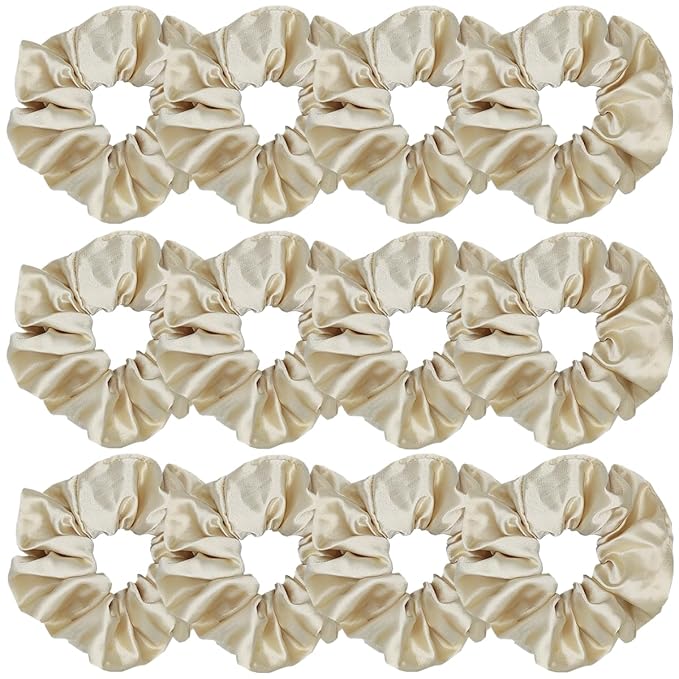 12 Pcs Satin Silk Scrunchies, Soft Hair Ties, Fashion Hair Bands, Bow Ropes, Elastic Ponytail Holders, Hair Accessories for Women and Girls (4.3 Inch, Light Gold)