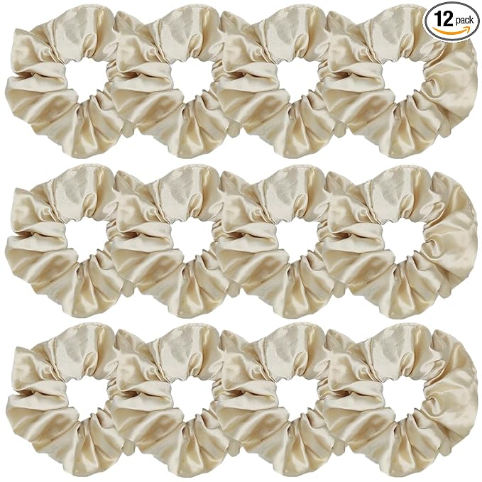 12 Pcs Satin Silk Scrunchies, Soft Hair Ties, Fashion Hair Bands, Bow Ropes, Elastic Ponytail Holders, Hair Accessories for Women and Girls (4.3 Inch, Light Gold)