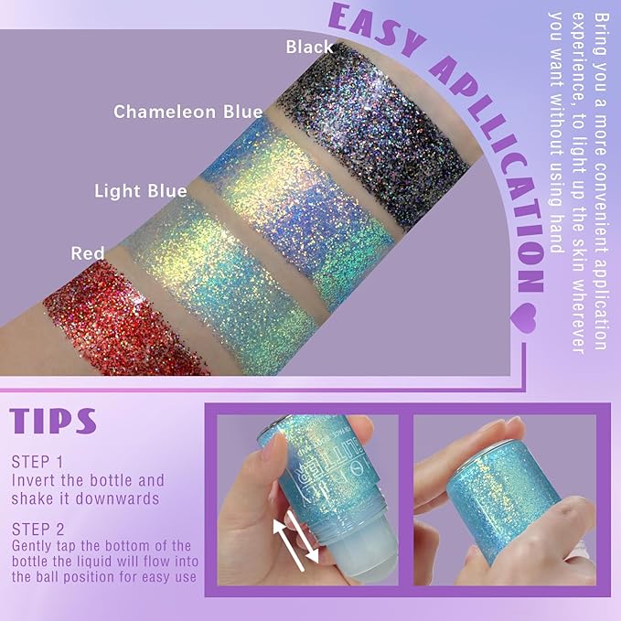 HOSAILY Roll-on Holographic Body Glitter Gel for Face Hair, Chamaleon Light Blue Color Changing Face Paint Glitter Mermaid Makeup, Chunky Sequins Festival Party Rave Accessories Shimmer Makeup